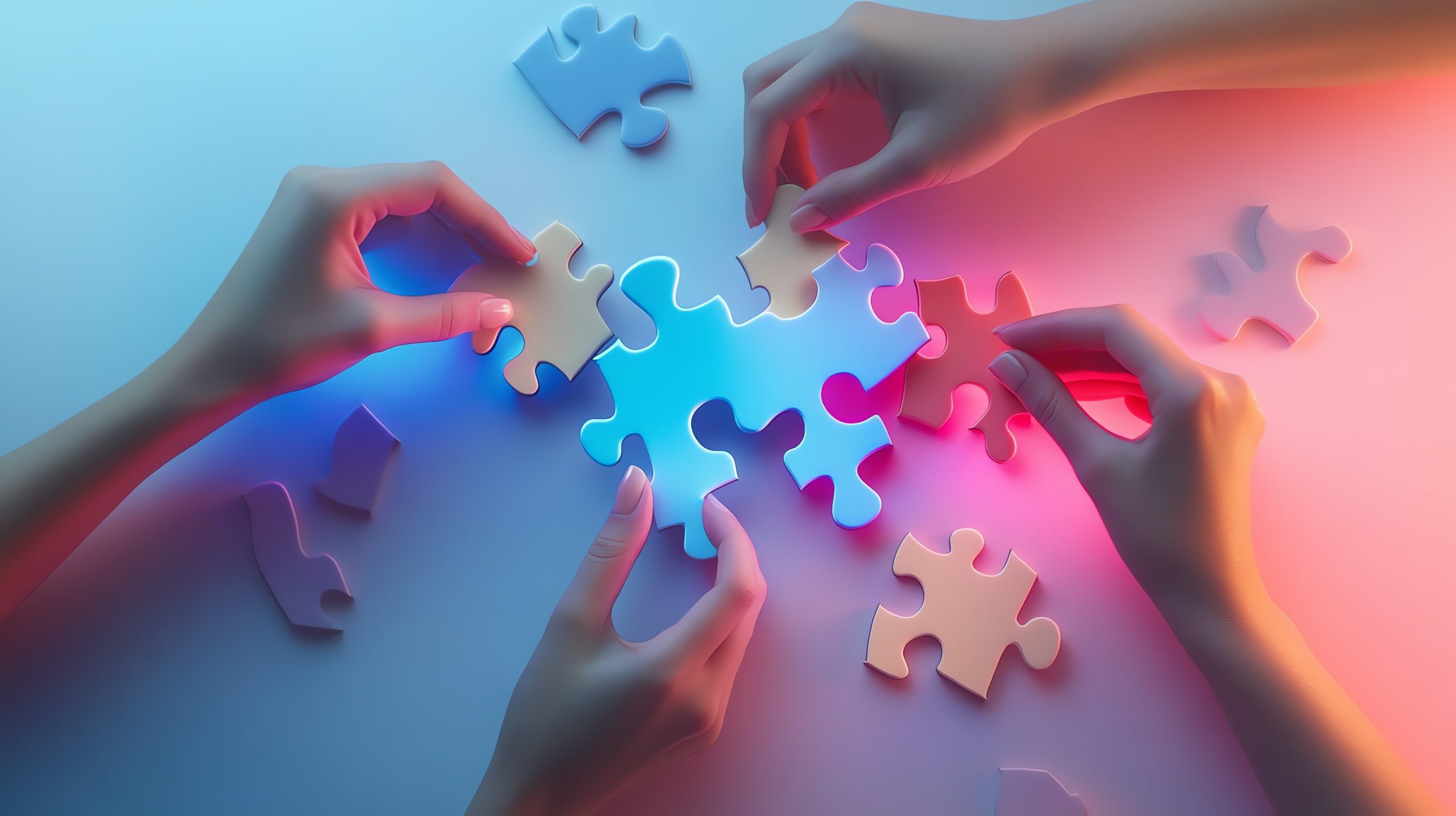 Four hands are placing puzzle pieces together, lit with blue and orange light.