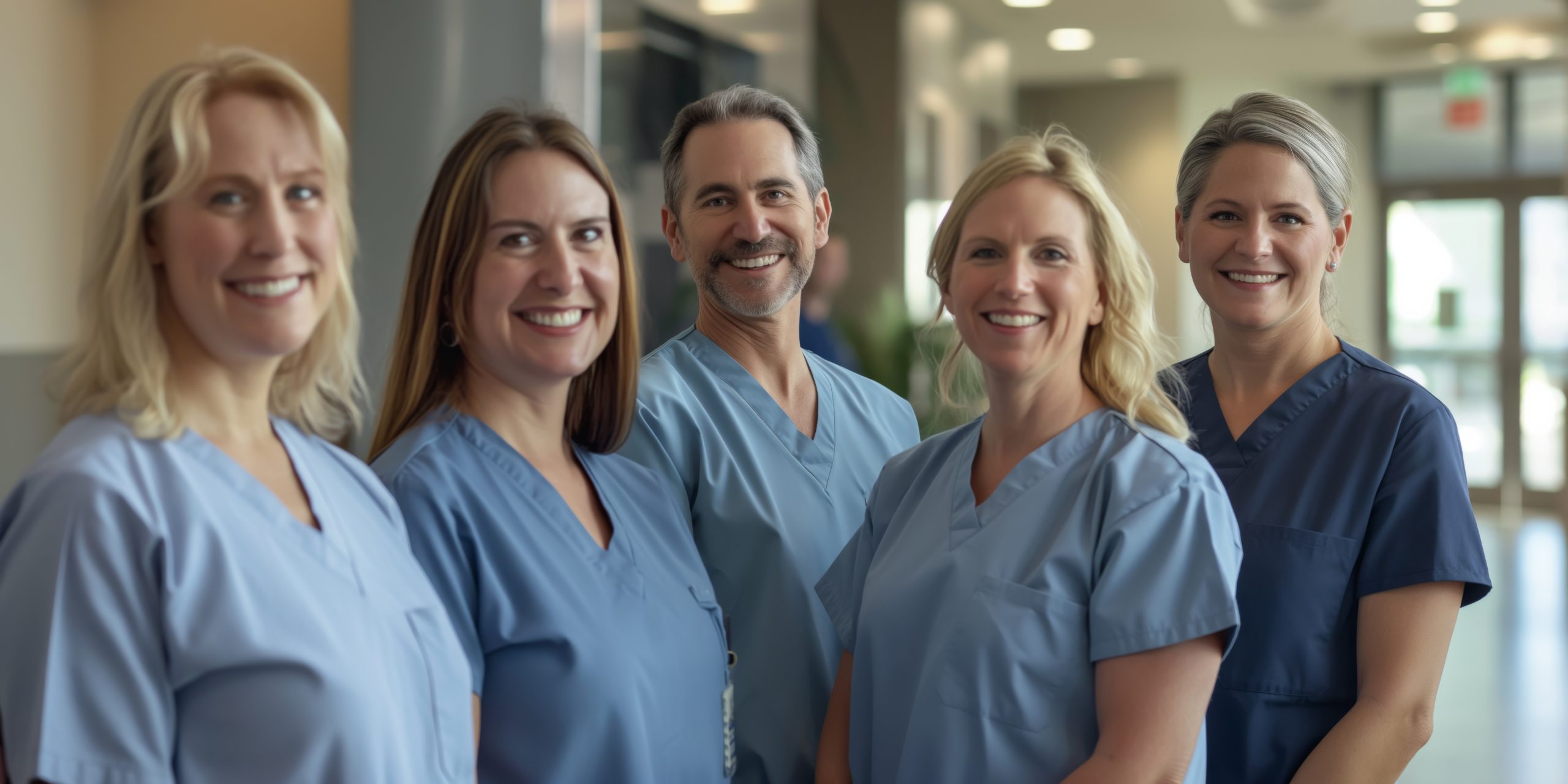 Confident team of medical professionals posing together in hospital corridor, all in blue scrubs