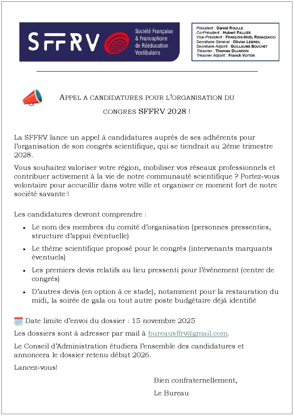 Appel à candidature Congrès 2028